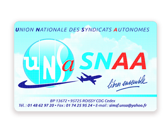 Membership card for UNSA Servair union (back) printed with Badgy